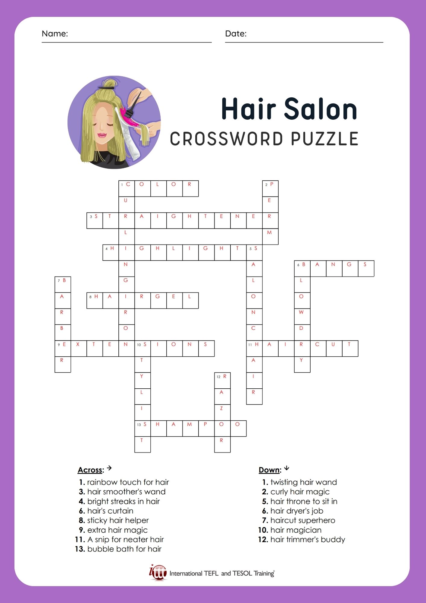 EFL Hair Salon Vocabulary Crossword Puzzle | ️ ️ ️ ITTT